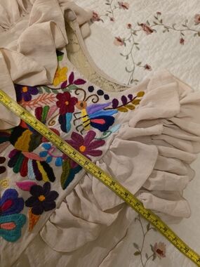 MEXICANA Embroidered Floral Ruffle Sleeve Top - Cream with Multicolor Embroidery